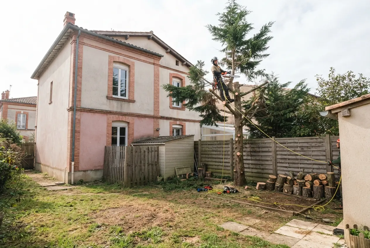Élagueur démontant un arbre dangereux à Montauban