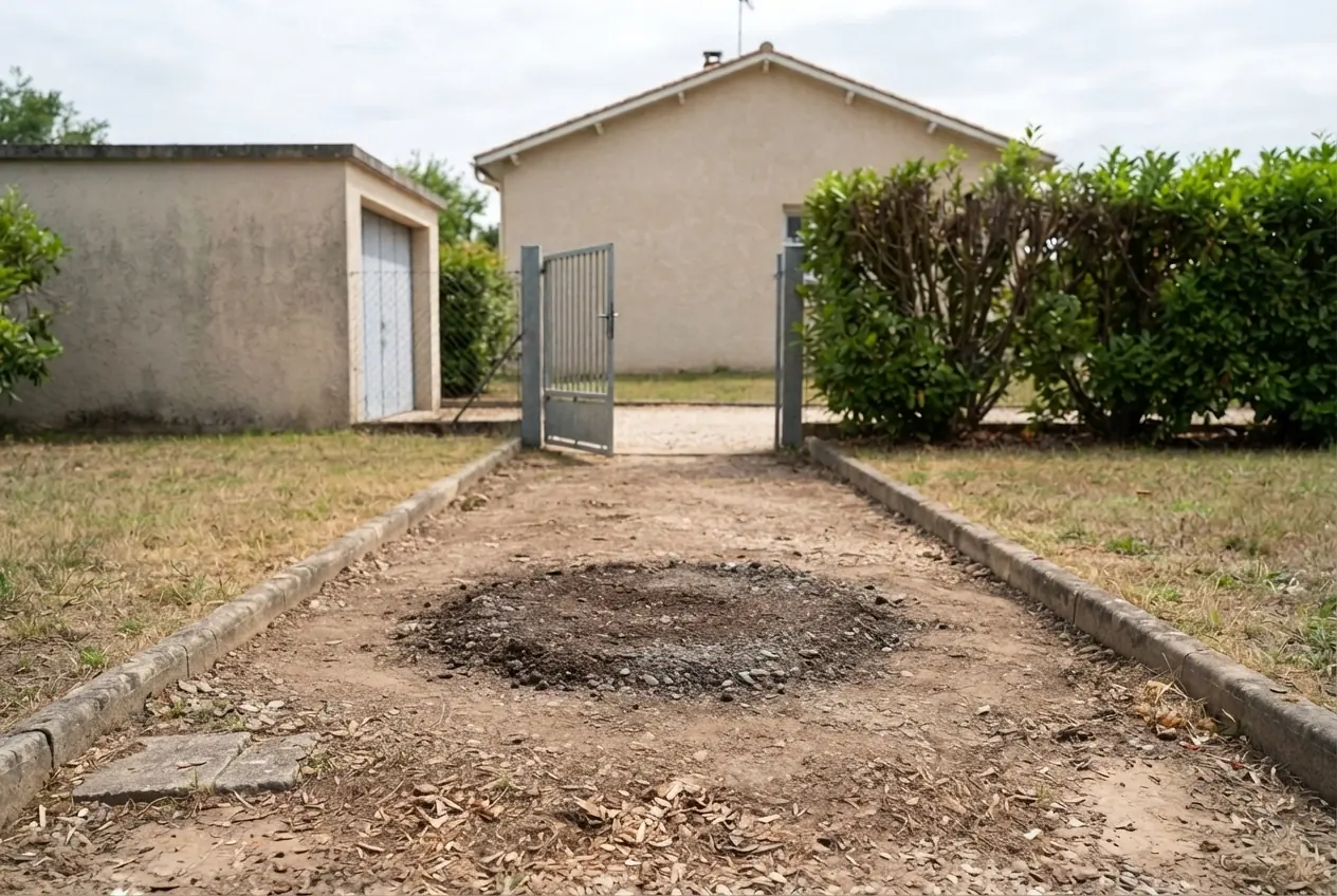 Après chantier souche rognée près d’une entrée à Villemade