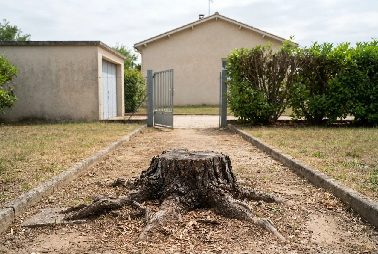 Avant chantier souche rognée près d’une entrée à Villemade