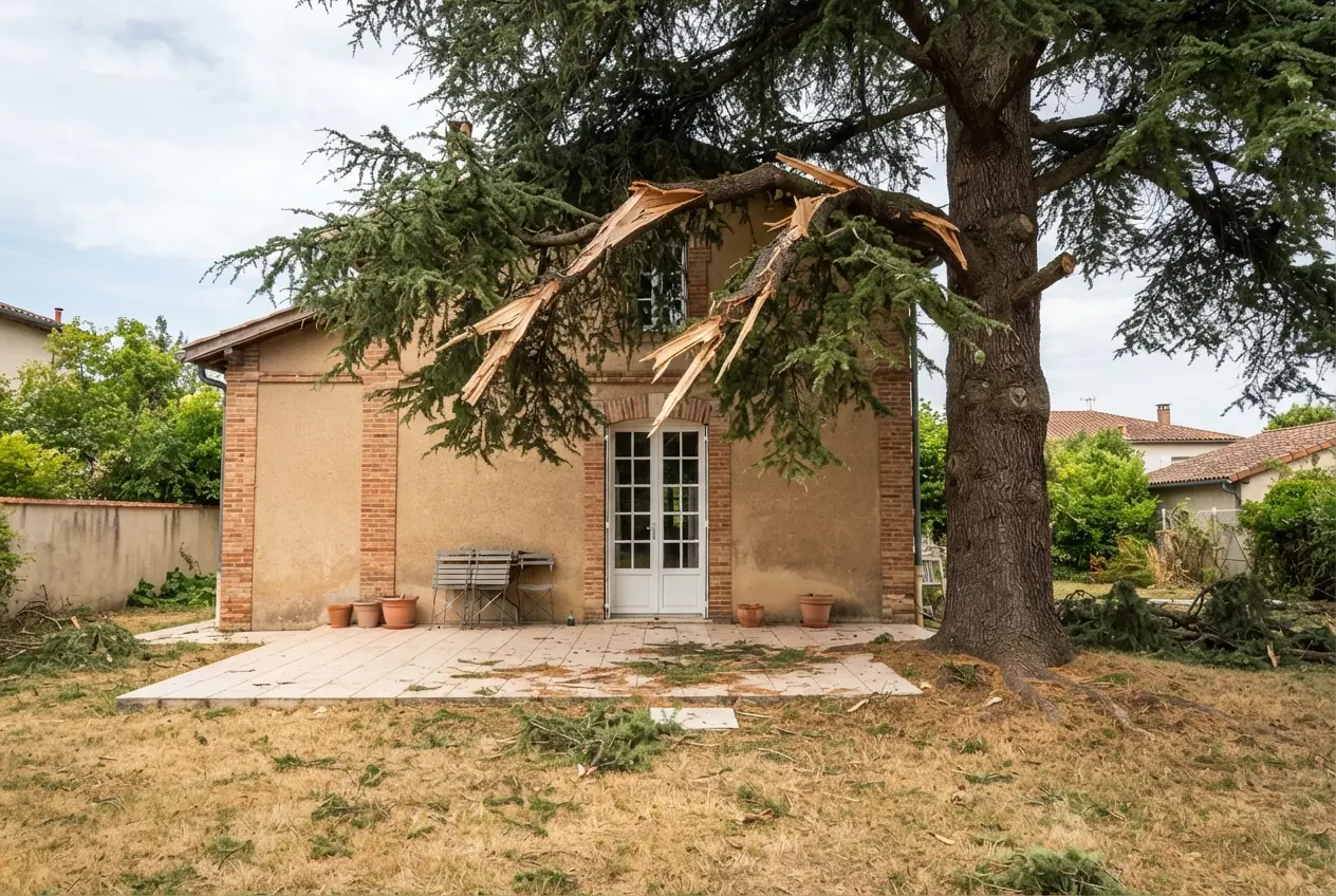 Cèdre dangereux avant élagage d'urgence à Montauban