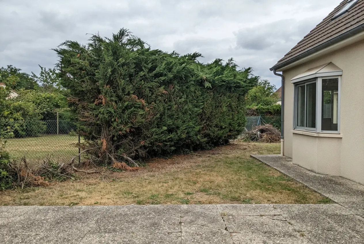Cyprès trop hauts avant coupe dans un jardin à Bressols