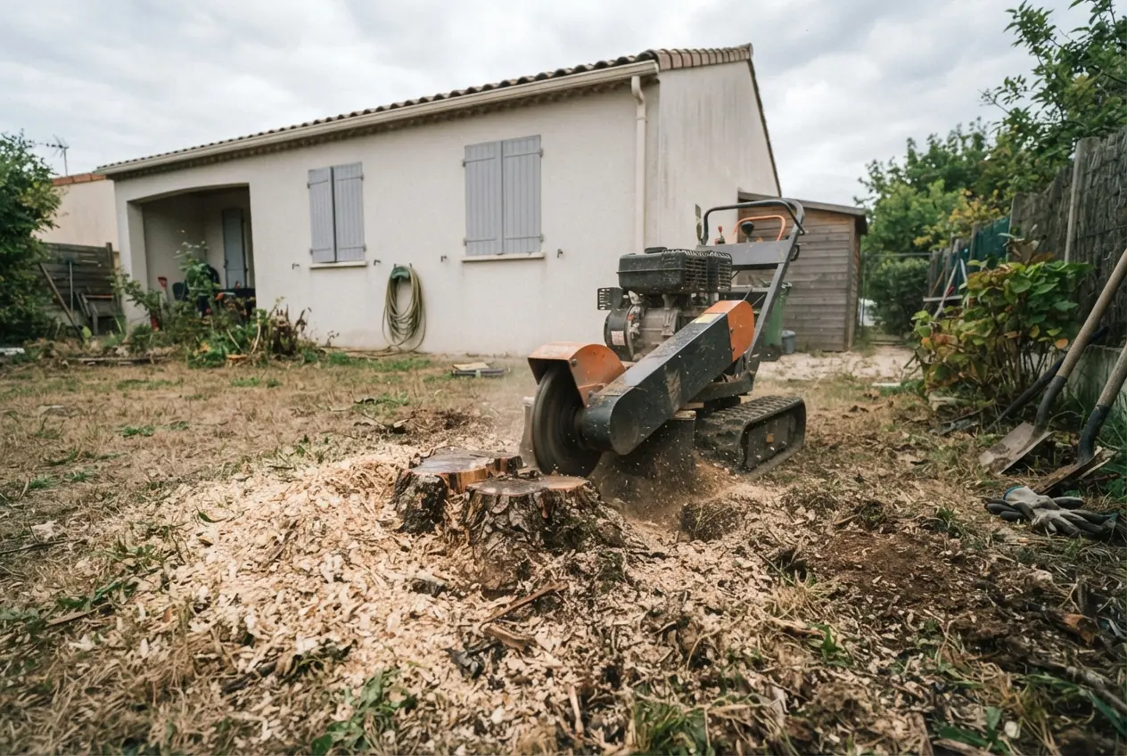 Rogneuse retirant une souche dans un jardin montalbanais