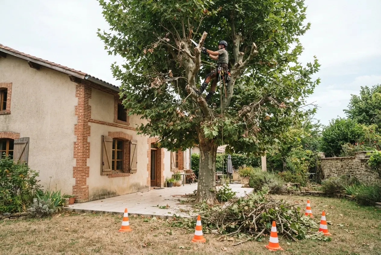 Élagueur taillant un platane à Montauban