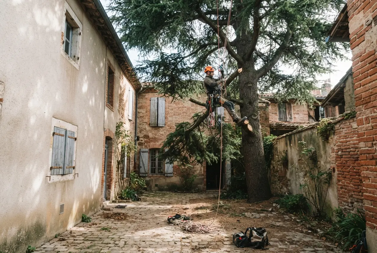 Arboriste grimpeur en intervention sur corde à Corbarieu