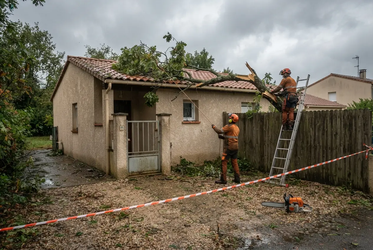 Équipe sécurisant une branche après tempête à Montauban